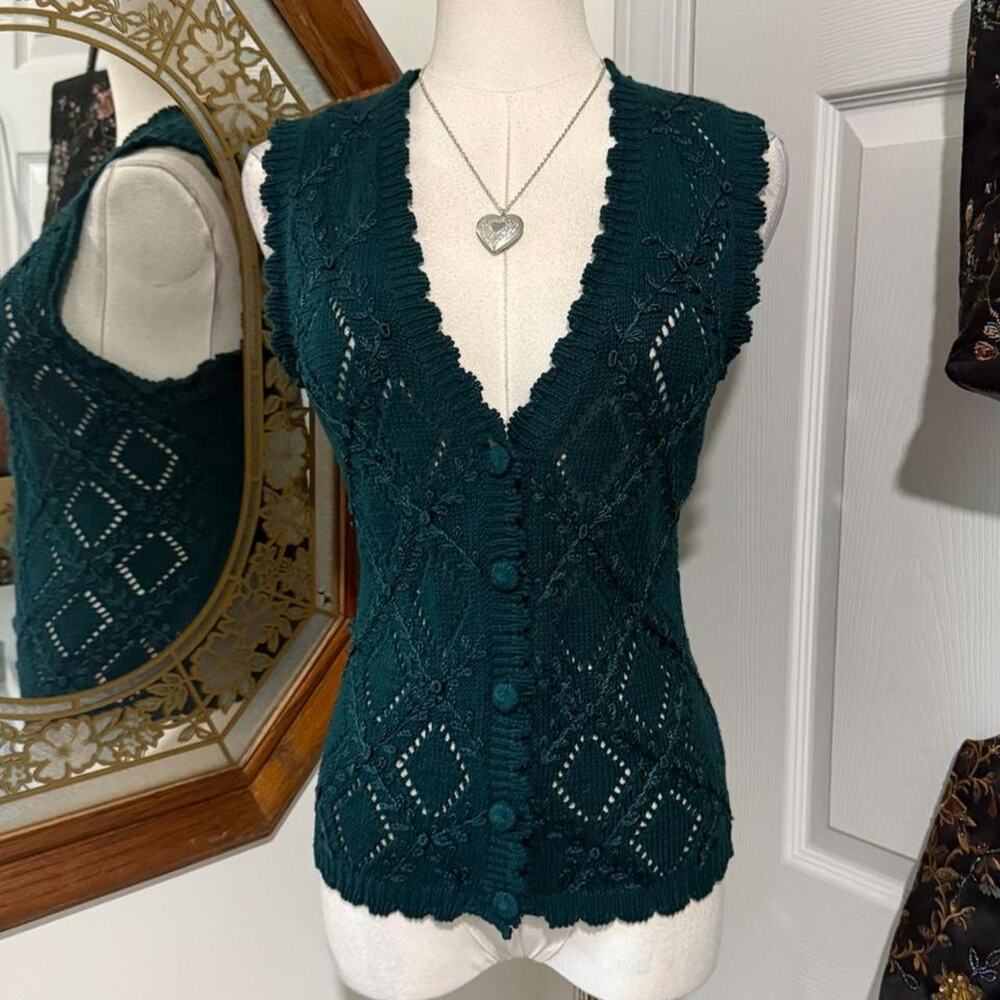 VTG 90s Kathie Lee Dark Green Floral Embroidered Button Down Sweater Vest S